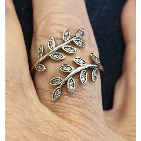 Vintage Adjustable Ring Size 8 Sterling 925 IBB CN Floral Vine Leaf Bi-Pass CZs - Picture 5 of 5
